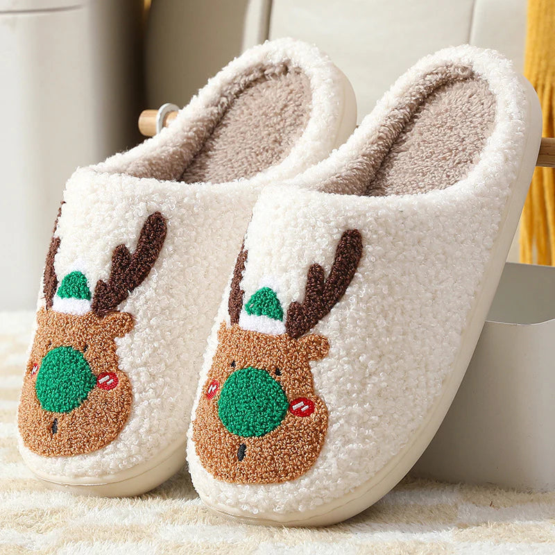 Festive Reindeer Themed Plush Indoor Slippers