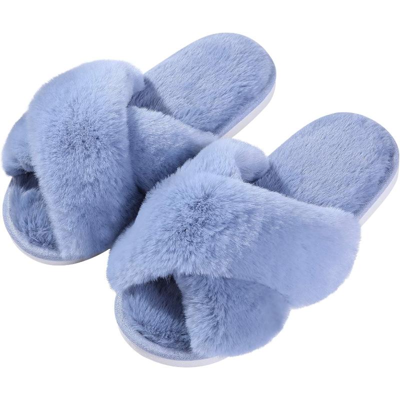 Fuzzy Slippers Cross Band Memory Foam House Slippers For Women