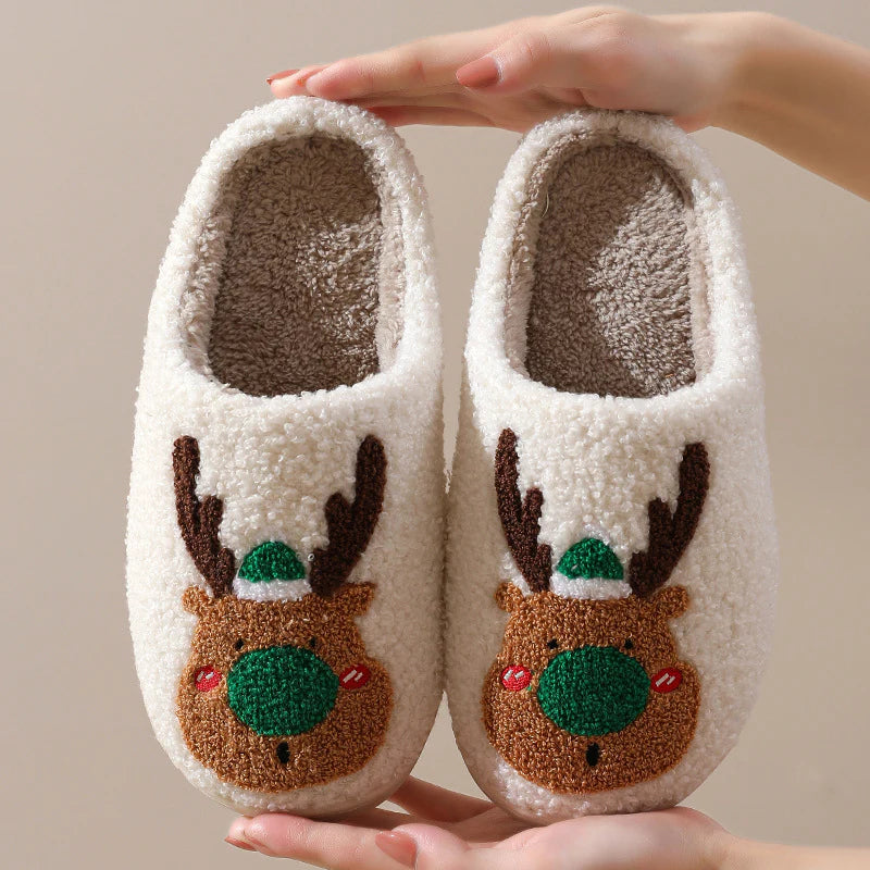 Festive Reindeer Themed Plush Indoor Slippers