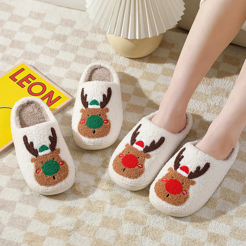 Festive Reindeer Themed Plush Indoor Slippers