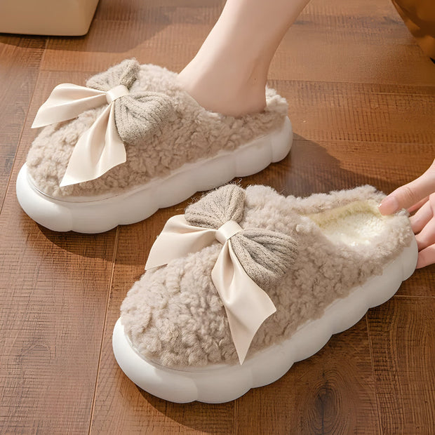 Indoor Fleece Slippers With Bow Accent