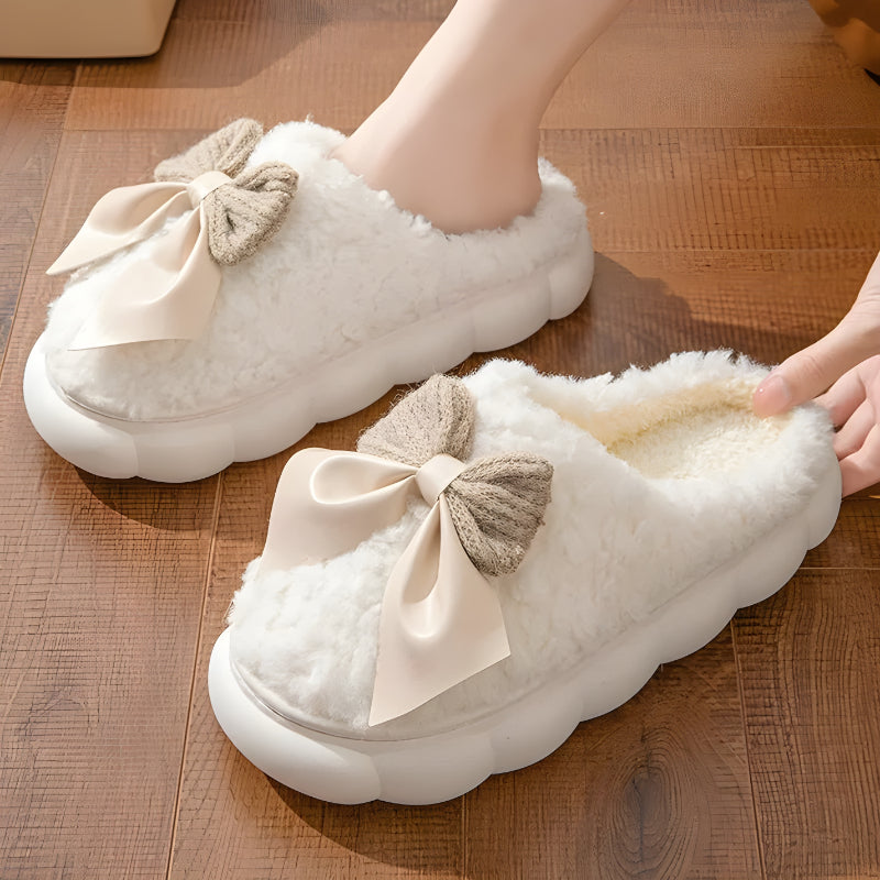 Indoor Fleece Slippers With Bow Accent