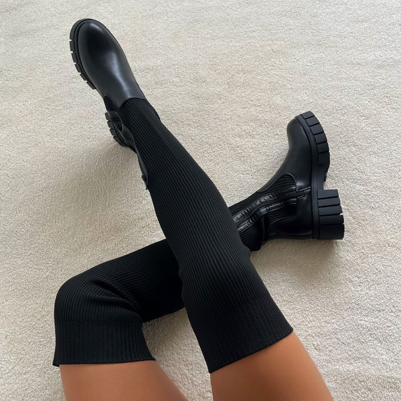 Womens Thigh High Stretch Knit Boots